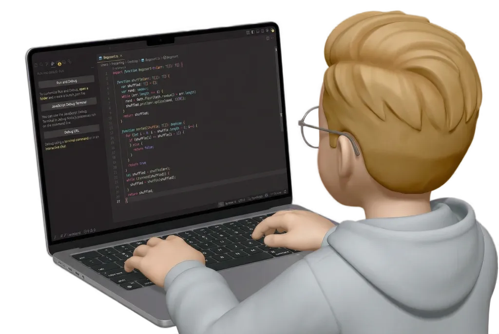 Stylised render of Fraser coding on a laptop